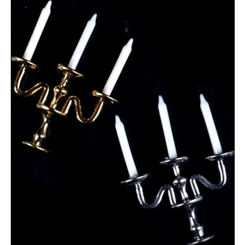 1:12 Scale 1pc 3-arm Miniature Candlesticks Candelabra Dollhouse White Candles Furniture Toy Pretend Play Doll House Accessories
