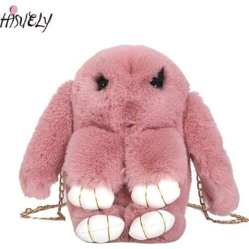 Cute Fluffy Rabbit Fur Pompoms Chain Bag Women Cartoon Rabbit Sling Bag Fluffy Bunny Shoulder Plush backpack Sweet and lovely Q5