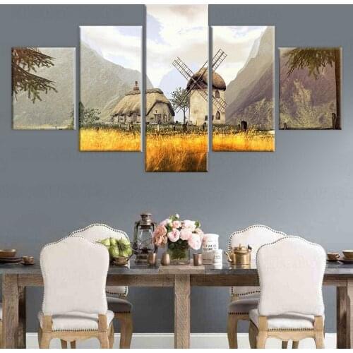 Modular Pictures For Living Room Home Decor 5 panel field windmills mountains view Abstract Framework Canvas Painting Wall Art