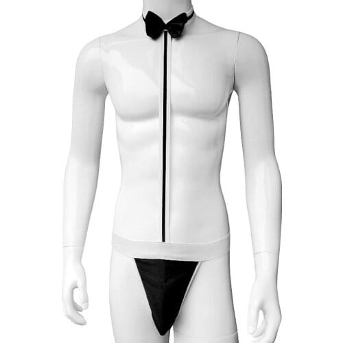 Men Bodysuit Underwear With Bow Tie Adult One-piece Halter Bikini Sexy Waiter Butler Costume G-string Thong Mankini Jockstrap