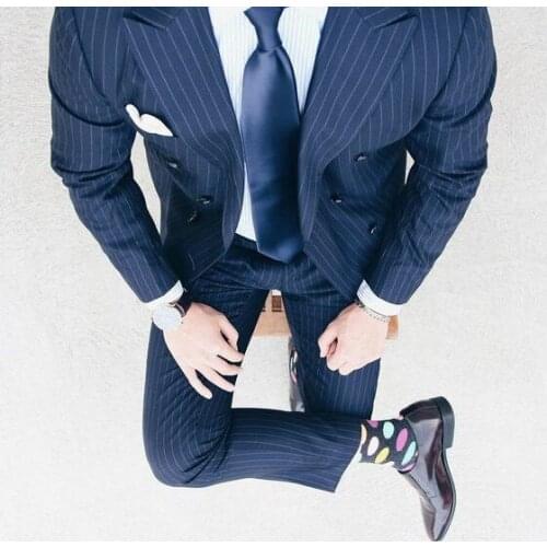 Latest Cost Pant Designs Navy Blue Stripe Men Suit Slim Fit 2 Piece Tuxedo Prom Suits Custom Groom Blazer Masculino Jacket+Pant