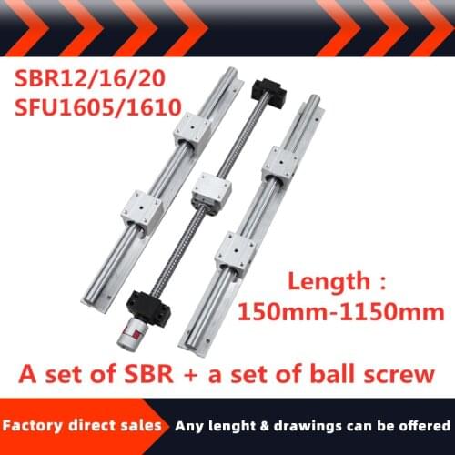 Ball screw set SBR12/16/20+SFU1605/1610 150mm-1150mm with nut +support BKBF/EKEF/FKFF12+nut holder+coupling for CNC