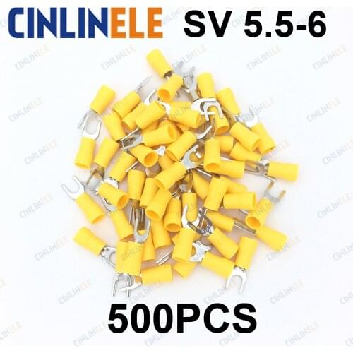 500PCS Crimp Terminal SV 5.5-6 AWG12-10 2.63-6.64mm^2 Crimp Fork Spade Yellow Fork Terminal Brass SV5-6