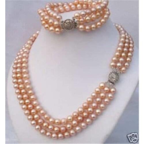 2015 Charming women sale 3 Rows 7-8mm Pink Akoya Pearl Necklace Bracelet Jewelry Wholesale and retail