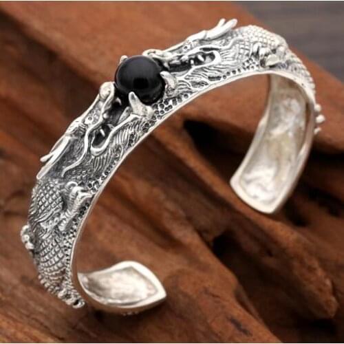 Handmade S925 dragon Cuff Bracelet 925 silver Man Bangle vintage thai silver dragon bangle man jewelry gift