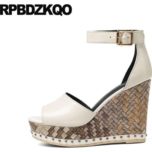 Women Wedge Platform Sandals High Heels Luxury Ankle Strap Pumps Genuine Leather Peep Toe Summer Beige Fetish Rivet Shoes Stud
