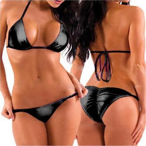 20pcs Sexy Women Two-Piece PU Leather Bikini Swimsuit Mini Triangle Thongs+Bra Tops,Lacing Adjust Bathing Bikinis Set Swimwear