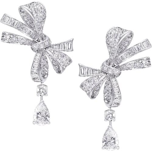 Fashion 925 Sterling Silver Bow CZ Pear Drop Stud Earring Silver Dangle Stud Earring Women Engagement Wedding Jewery Earrings