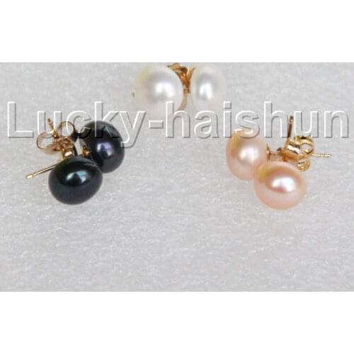 JQHS Natural 8mm White Pink Black Freshwater Pearls Earrings 14K Solid Gold Stud J12028