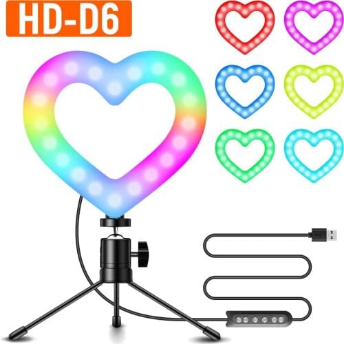 10 Inch RGB LED Heart-Shaped Ring Light with Table Tripod Bracket Kit For Mobile Phone Selfie Video Dimmable Makeup Video Live