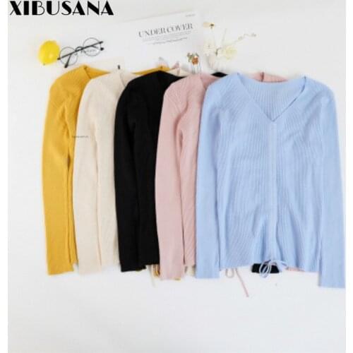 XIBUSANA Sexy V-Neck Tops Women Drawstring Tie Up Front Solid Color Long Sleeve Slim T-Shirts Knitted Bottoming Shirt All-match