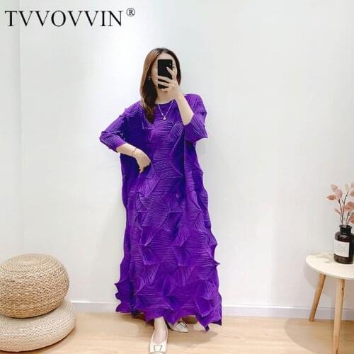 TVVOVVIN Dress 2020 Pleated Autumn New Diamond Pleated Three-Quarter Draped Solid Stand Midi Women Dress NF7G