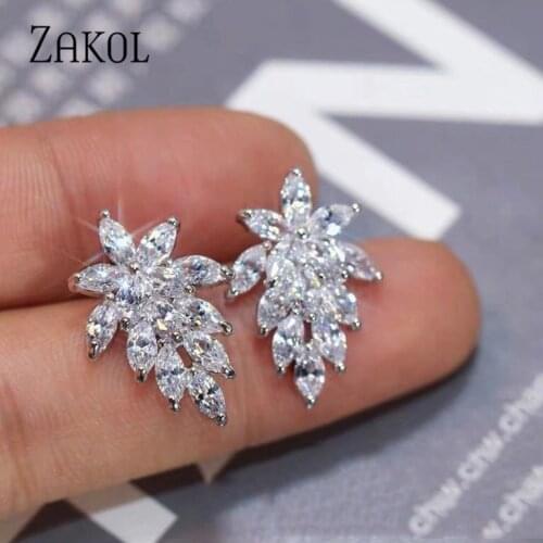 ZAKOL Trendy High Quality Marquise Cubic Zirconia Leaf Stud Earrings for Women Bridal Wedding Diner Party Birthday Jewelry EP558