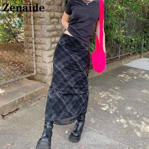 Zenaide 2021 Plaid Midi Skirt Summer Autumn Casual Women Y2K High Waist Skirt Beach Long Skirts Korean Fashion Double Layers