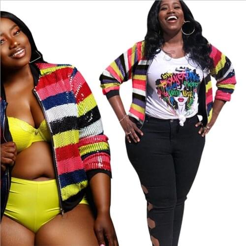 Fashion Rainbow Striped Printing Women Coats With Sparkling Sequins Plus Size 2021 Spring Newest Zipper V-neck Casual Jackets