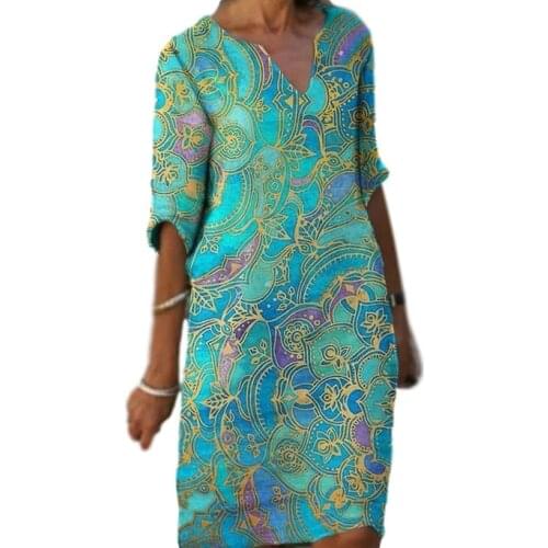 YYCZF 8colors Women Dresses 2021 Fashion Casual Large Size Loose Waist V Neck Print Temperamental Mid-sleeve Multicolor Dress