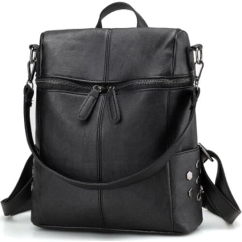 Women Casual Women Backpack PU Leather School Backpack For Teenager Girls Travel Backpack Vintage Solid Shoulder Bags