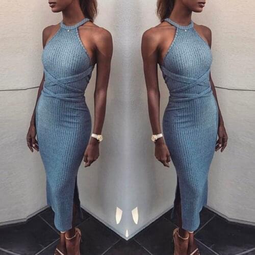 Women Sleeveless Bandag Dress Halter Backless Slim Long Elegant Dress Jurken Sexy Summer Dresses Sheath Blue Plus Size Vestidos