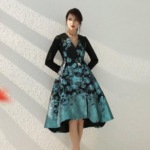 2021 Spring Summer Jacquard Dress Long Sleeve Brocade Chinese Style Mid-calf Dress Women Party Evening Clothing Ball Gown Dress