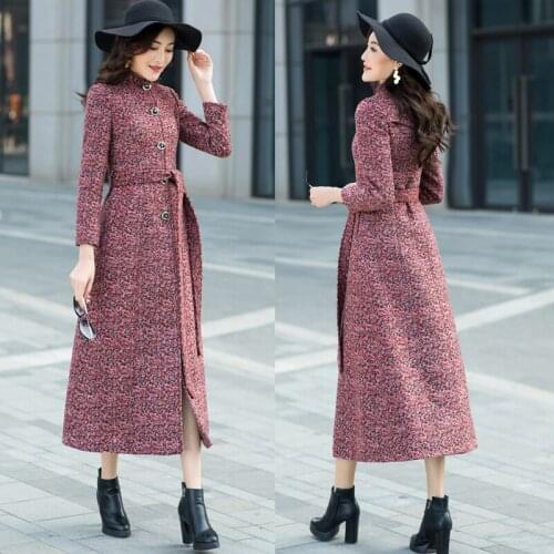 Winter Fall 2018 Womens Long Sleeve Stand Collar Slim Woolen Coat , Autumn Fashion Sash Female Women Elegant Wool Coats