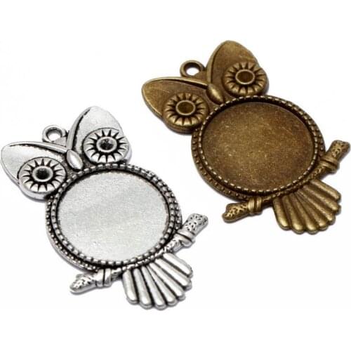 10pcs Antique Bronze Owl Pendant Settings Cabochon 20mm 25mm Base Bezel Trays Blank Settings Cabochons DIY Necklace Making B