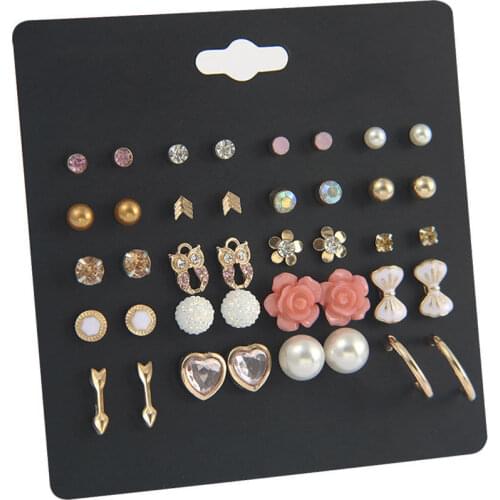 20Pairs/Set Punk Crystal Owl Stud Earrings Set Fashion Resin Flower Ear Studs Trendy Pearl Crystal Resin Earrings Mix