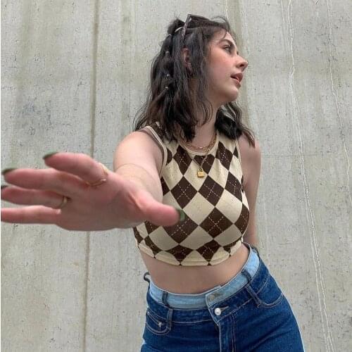 2000s Vintage Brown Argyle Print Baby Tanks Indie Aesthetics O-neck Sleeveless Summer Crop Tops Y2K Streetwear Cute Vests 2021