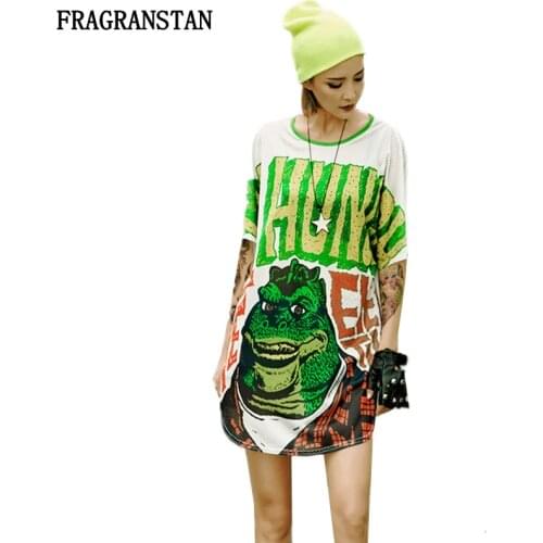 2018 Spring Summer Women Casual Loose O-Neck Hollow Out Dress Female New Fashion Letter Cartoon Printed Personality Dress JQ549