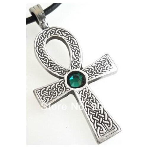 30pcs a lot religious ankh cross with green crystal pendant necklace jewelry