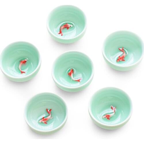 6pcs/set Fine Tea Cup Ceramic Celadon Fish Chinese Kung Fu Tea Set Master Cups Teaware Celadon Carp Hand-painted Pu'er Cup 45ml
