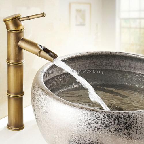 Free Shipping 12" Bamboo Shape Single Handle Antique Brass Bathroom Bain Sink Faucet Waterfall Spout Vanity Mixer Tap GI35