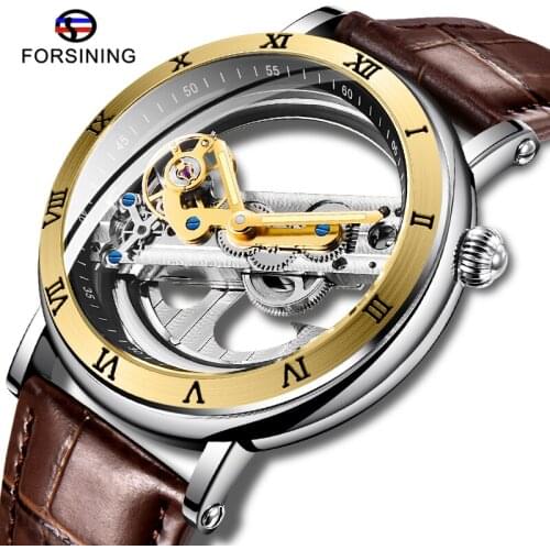 Forsining Double Side Transparent Automatic Men Watch Leather Strap Men Wristwatch Top Brand Luxury Male Clock Relogio Masculino