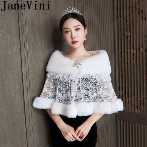 JaneVini Ivory Lace Fur Wedding Capes Bridal Boleros Beaded Pin Bride Faux Fur Shawl Wraps Dress Winter Stoles Bolero Dentelle