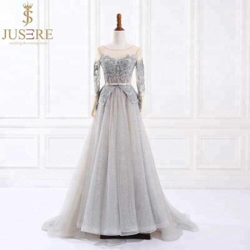 JUSERE Robe de soiree Long Sleeves Evening Dresses red carpet dress Formal GownsA-line beaded grey party dress