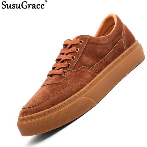 SusuGrace Genuine Leather Casual Shoes Classic Male Lace-up Vulcanized Footwear Flats Moccasins Suede Pig Skin Sneaker For Men