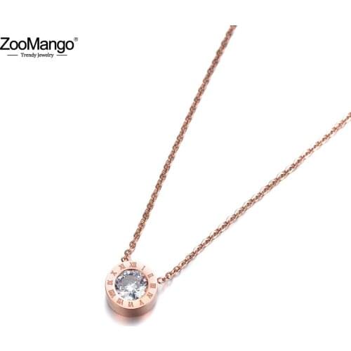 ZooMango Round 2Ct Cubic Zirconia Crystal Pendant Necklace Jewelry Titanium Steel Chokers Necklace For Valentines Day ZN18004