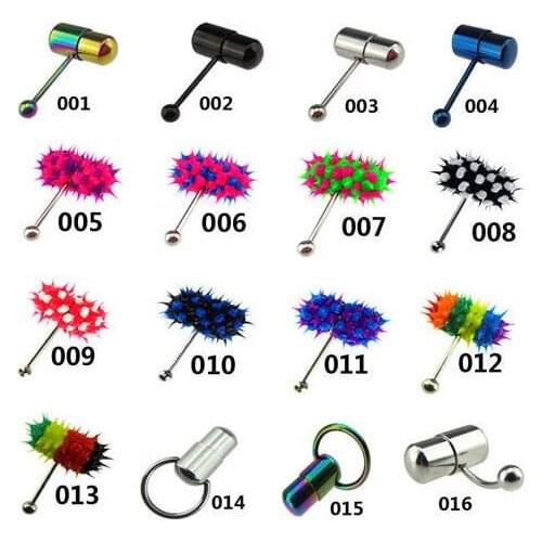 Mixorder 16 Patterns Fashion Tongue Piercing Vibrating Tongue Ring Punk Sexy Stainless Steel Silicone With 2 Battery 20pcs/lot