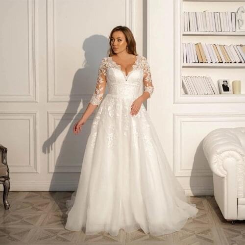 Muslim Wedding Dresses Ball Gown V-neck 3/4 Sleeves Tulle Appliques Boho Dubai Arabic Wedding Gown Bridal Dress Vestido De Noiva