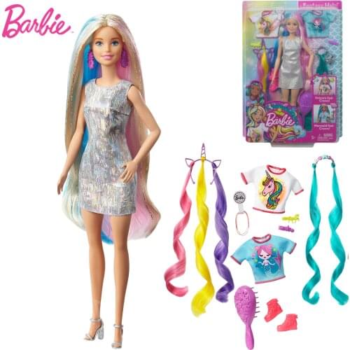 Original Barbie Fantasy Hair Doll Mermaid and Unicorn Looks, Shimmery Hair Dolls Barbie Collector Girls Kids for Toy Gift GHN04