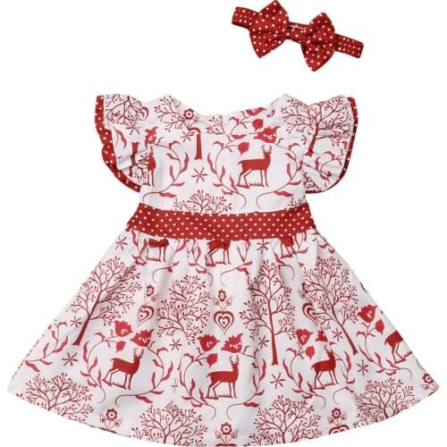 Princess Christmas Baby Girl Dress Cute Girls Deer Print Bowknot Tutu Dress Baby Party Dresses For Girls Xmas Dresses + Headband