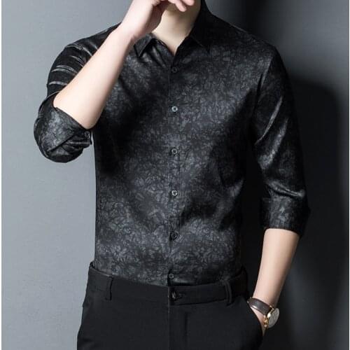 High Quality Elegant Black Real Ice Silk Shirts With Printed Mens Business Jacquard Satin Dress Shirts Smooth Trendy Large Size