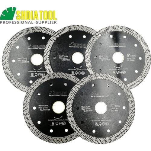 SHDIATOOL 5pks Diameter 5"/125mm Diamond Hot-pressed Sintered Diamond Blade Ceramic Cutting Disc Mesh Turbo Rim Tile SawBlade