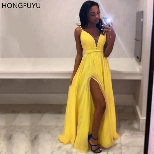 HONGFUYU Chiffon A-line Yellow Evening Gowns Pleated V Neck Strap Prom Dresses Side Slit Formal Party Dress Long Zipper Backless