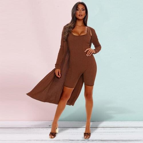 Dark Coffee Knitted Sweater Two Piece Outfit for Women Low Neck Tank Skinny Playsuit and Long Sleeve Cardigan Autumn Winter Suit