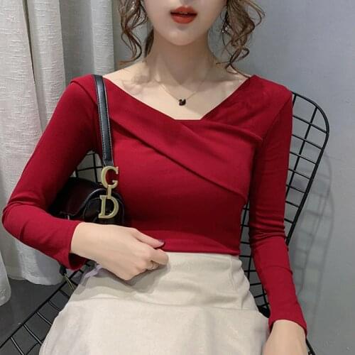 New 2021 Autumn Winter Long Sleeve Womens T-Shirt Ins Sexy Skew Collar Cotton Tops Plus Size Solid Color Female Shirt