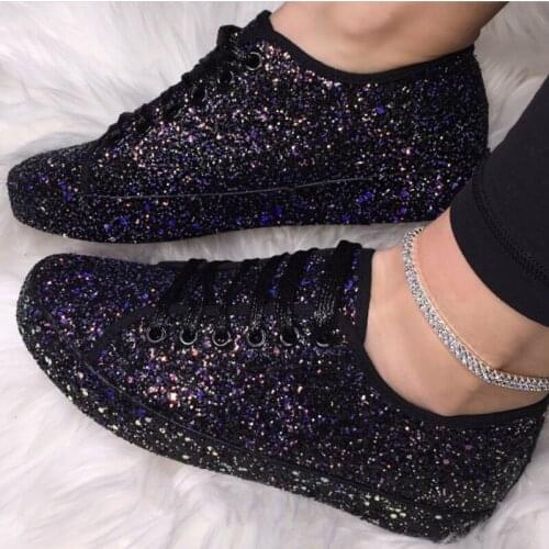 2020 Women Lace Up Sneakers Glitter Autumn Flat Vulcanized Ladies Bling Casual Female Fashion Platform Zapatos De Mujer Shoes