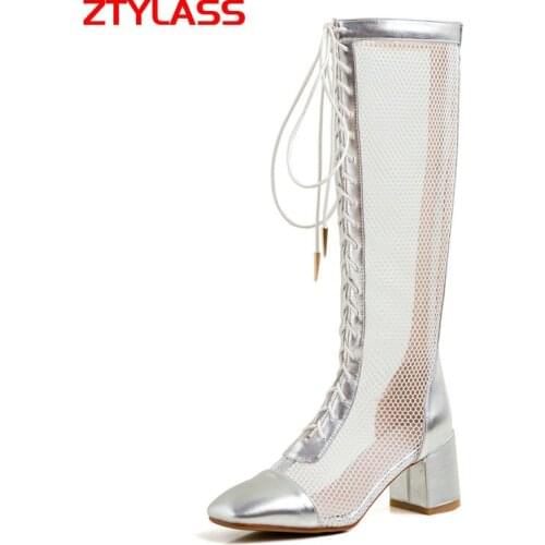 2021 New Fashion Knee High Boots Women Breathable Summer Mesh Boots Ladies Zipper Cross Tied Square Heel Shoes Woman