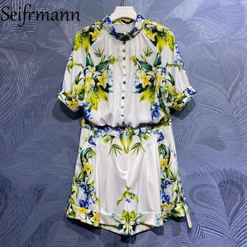 Seifrmann New 2021 Summer Women Fashion Designer Shorts Set Lantern Sleeve Loose Blouses + High Waist Floral Print Shorts Suits