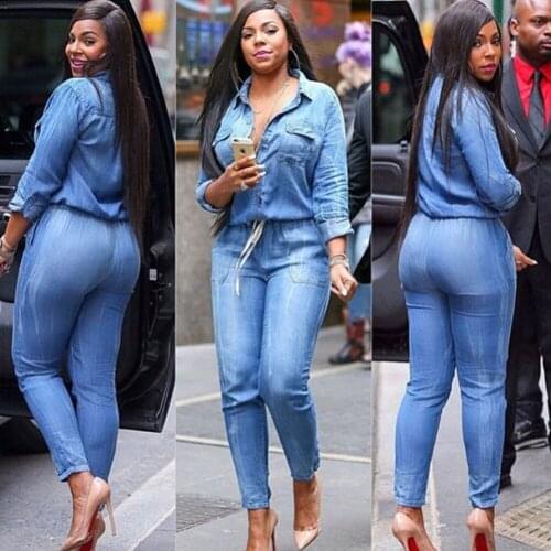 Streetwear Denim Jumpsuit for Women Overalls 2020 Long Sleeve Button Up Turn-down Collar Pockets Casual Rompers Womens Jumpsuit