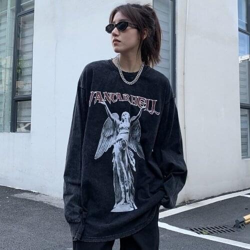 American Vintage Diablo Punk Letters Print Black Angel Cool Gothic Women Pullover Round Neck Cotton Loose Sprot Lover Sweatshirt